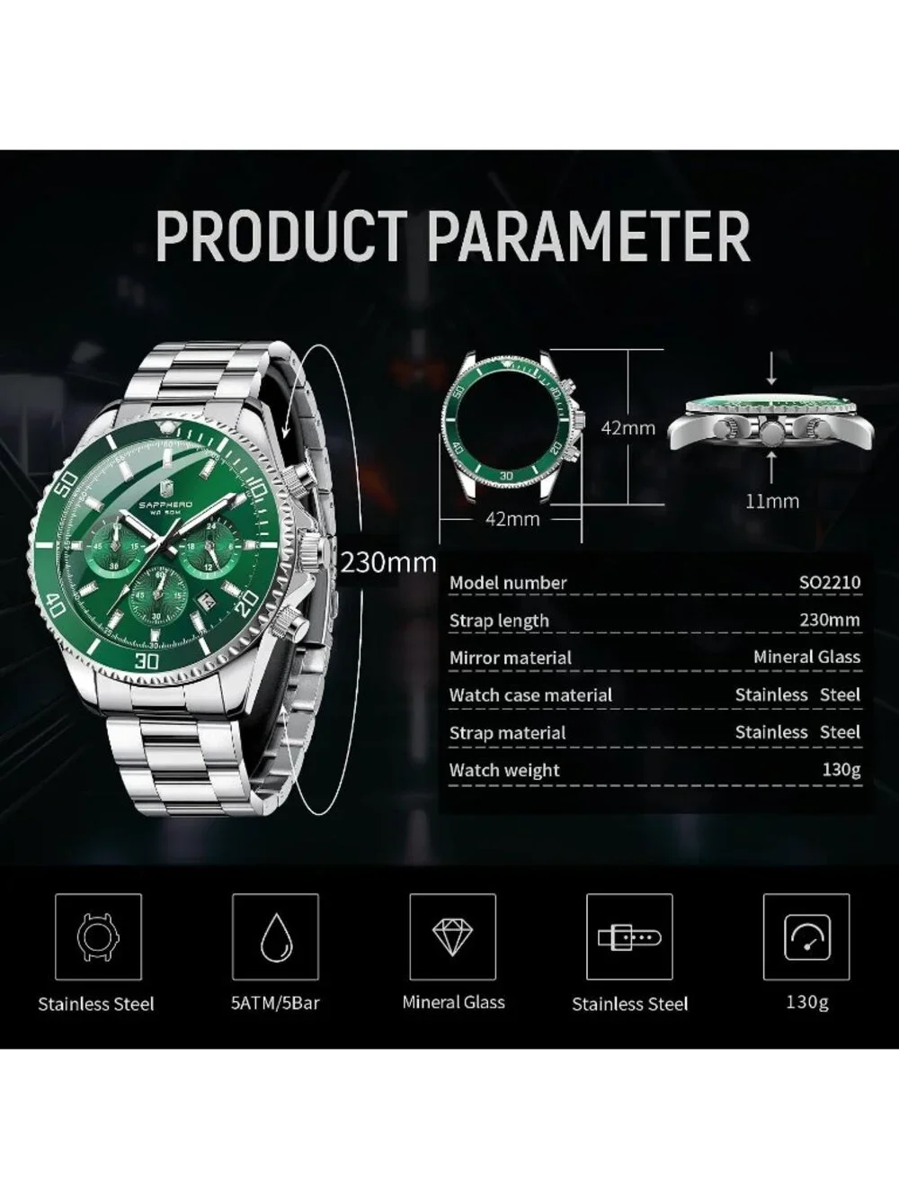 Men's Silver Strap/ Green face Chronograph Stainless Steel Quartz Wrist Watch